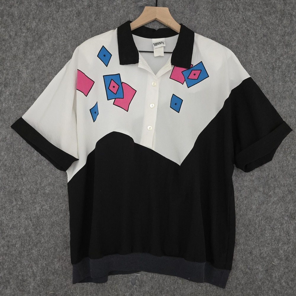 Vintage Teddi Sport Shirt Womens L Black Multicolor Geometric Dolman Polo 80s